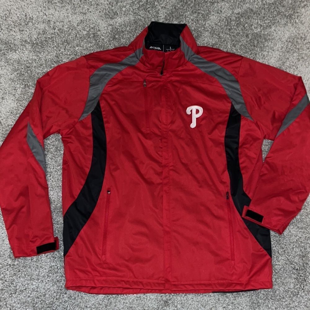 Red Gray Black Antigua Philadelphia Phillies MLB Golf Zipper Jacket Coat L men’s